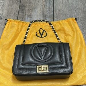 Mario By Valentino Black Leather Shoulder Bag with Gold Accents Leather Black